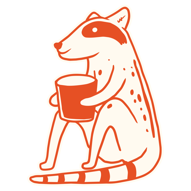 The Cangkruk luwak mascot holding a cup of coffee.